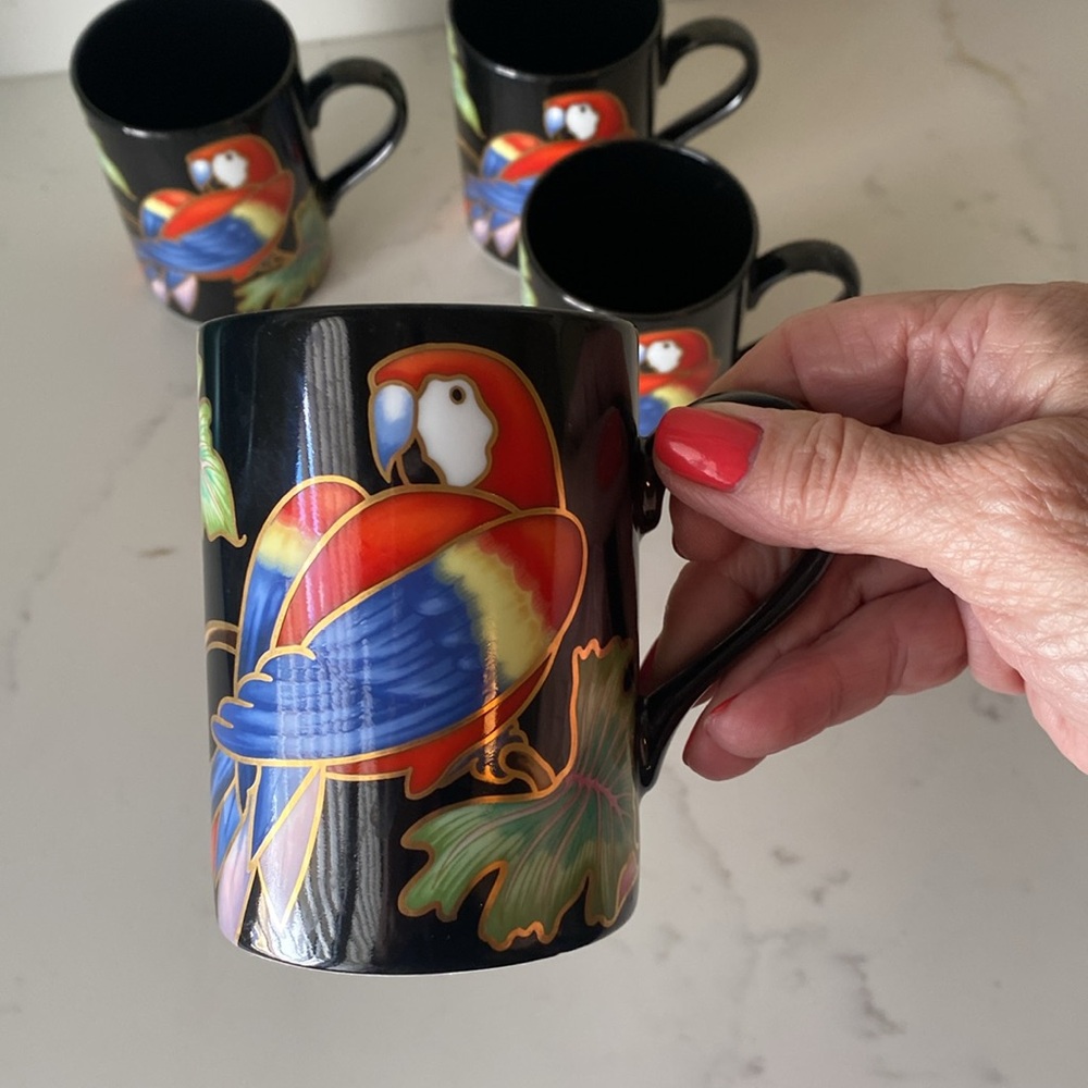 Vintage Fitz & Floyd Jungle Parrot Mugs Set of 4 FLAW - Picture 2 of 7